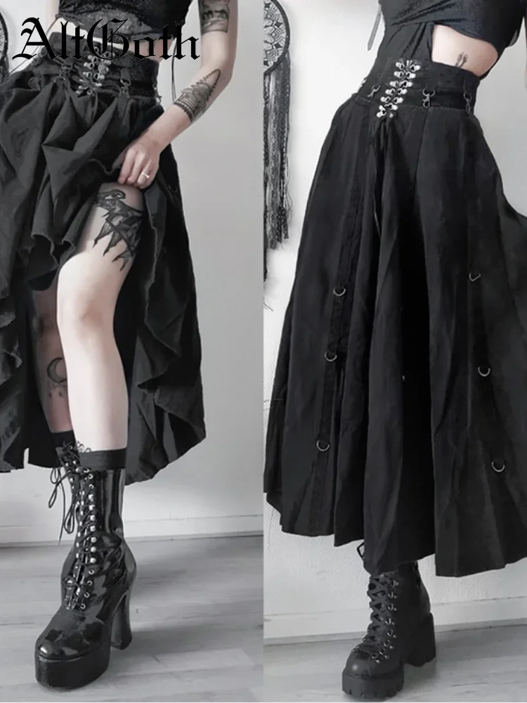 

AltGoth Streetwear Gothic Skirt Women Harajuku Emo Alternative Grunge High Waist Bandage A-line Skirt Y2k E-girl Indie Clothes