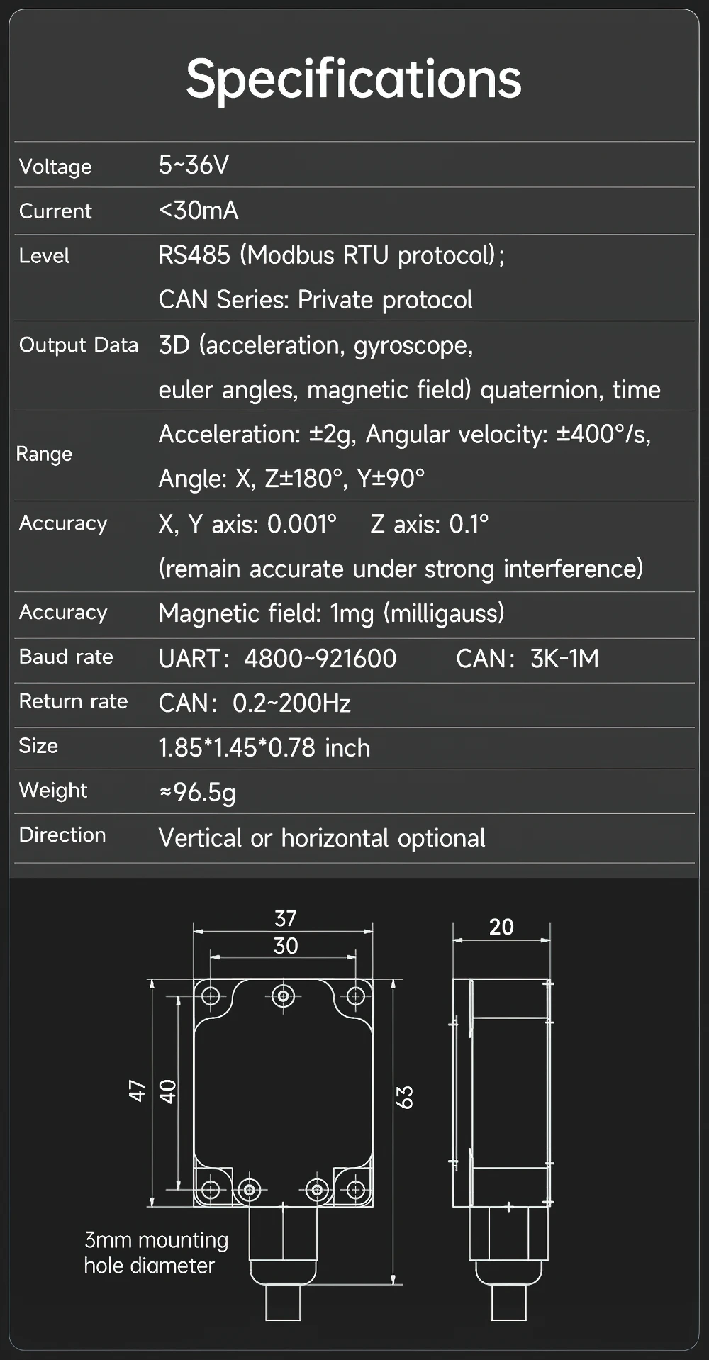 WitMotion HWT9073 AHRS IMU 3-Axis Accelerometer+Crystal Gyroscope+Magetometer, 0.001deg Accuracy with Advanced Fusion Algorithm