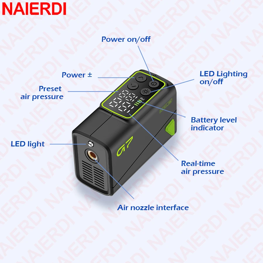 NAIERDI Electric Mini Portable Pump for Bike Cordless Tire Inflator 150PSI Max Air Inflator with LED Screen Fast Charging - Image 5