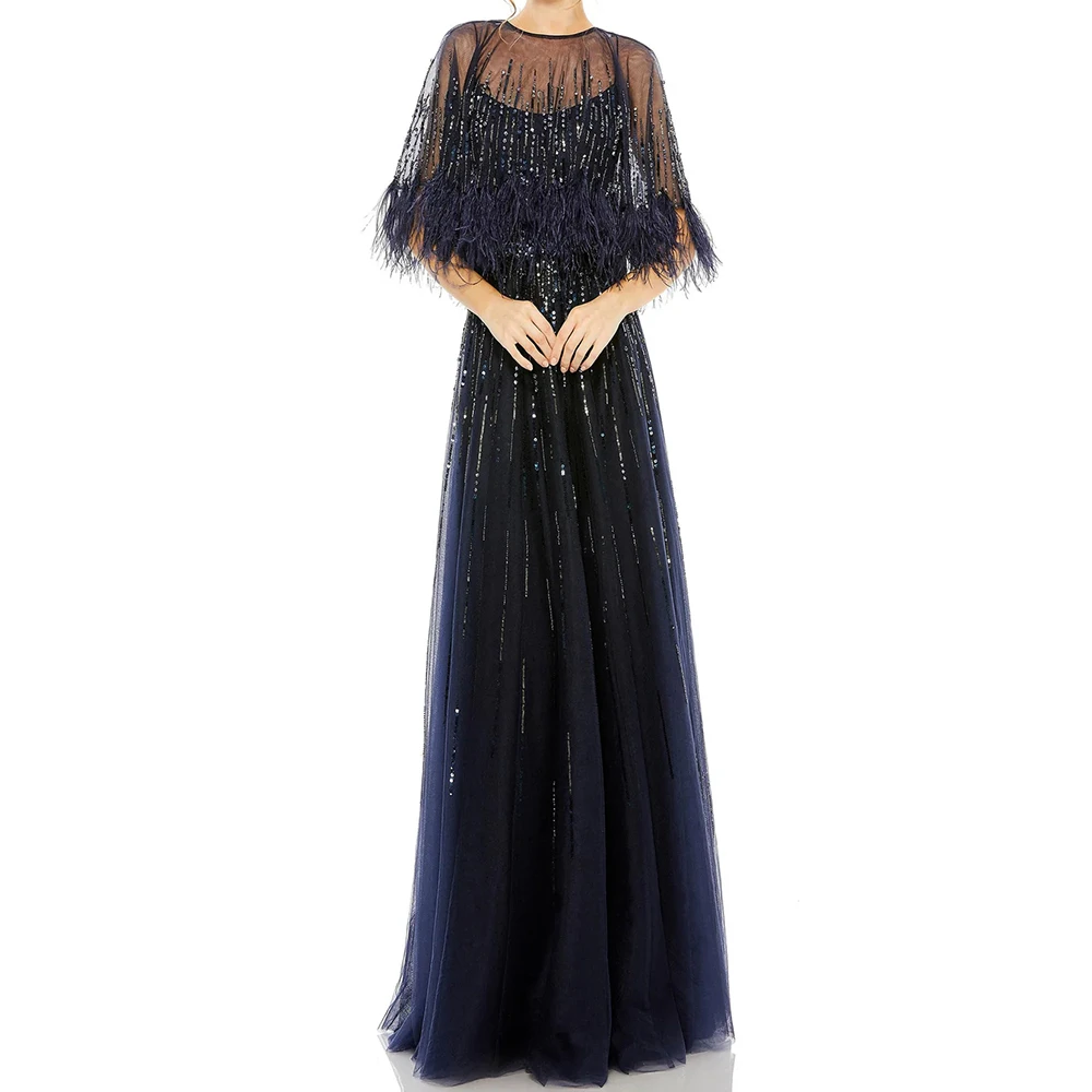 

Women's A-line Evening Dresses Floor-length O-neck Sleeveless Prom Gown Fashion Crystal Feathers Stole Draped Customized Gowns