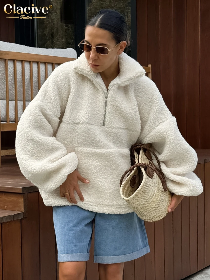 

Clacive Winter Loose Beige Warm Sweatshirts 2025 Fashion Lapel Long Sleeve Hoodies Elegant Classic Solid Top Female Clothing