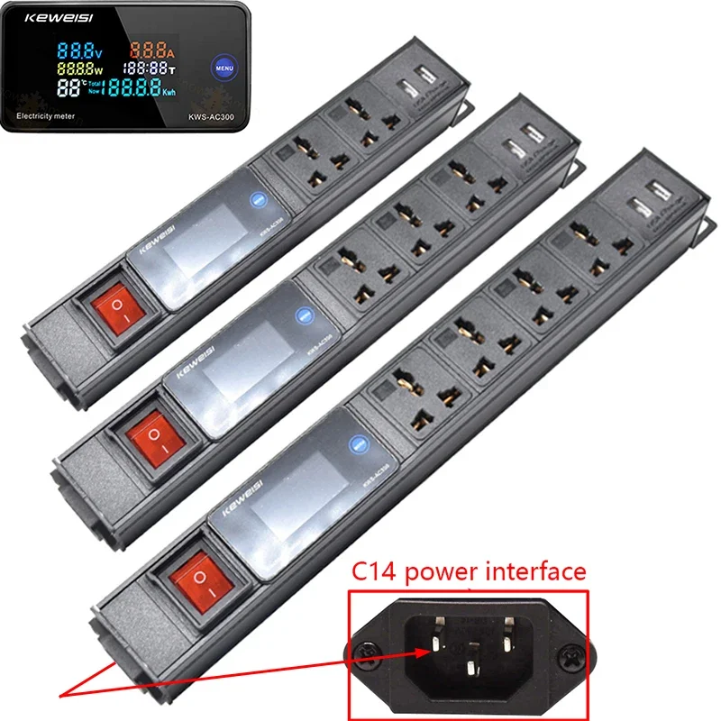 

C14 interface Network cabinet Power Strip Universal Socket With 2USB Ammeter/voltmeter/power tester Home office meter