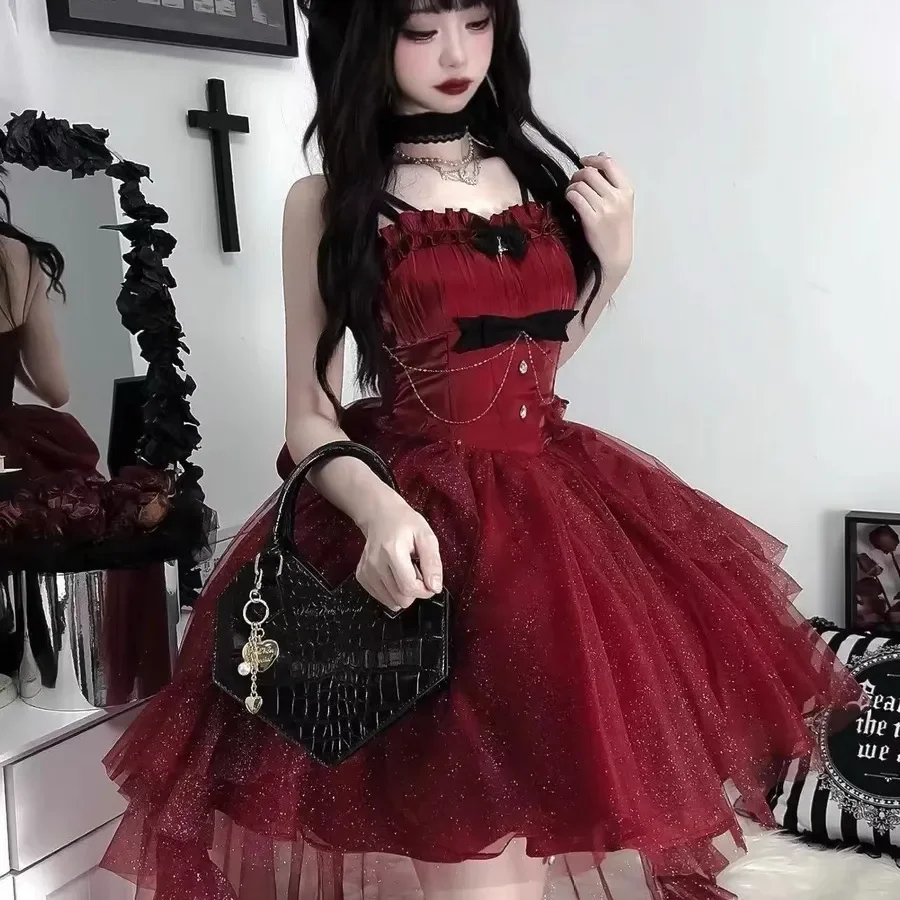 Dark Gothic Lolita JSK Mini Dress Set Women Romantic Starry Sky Shinnig Party Dresses Fairy Sweet Bow Suspender Princess Dress