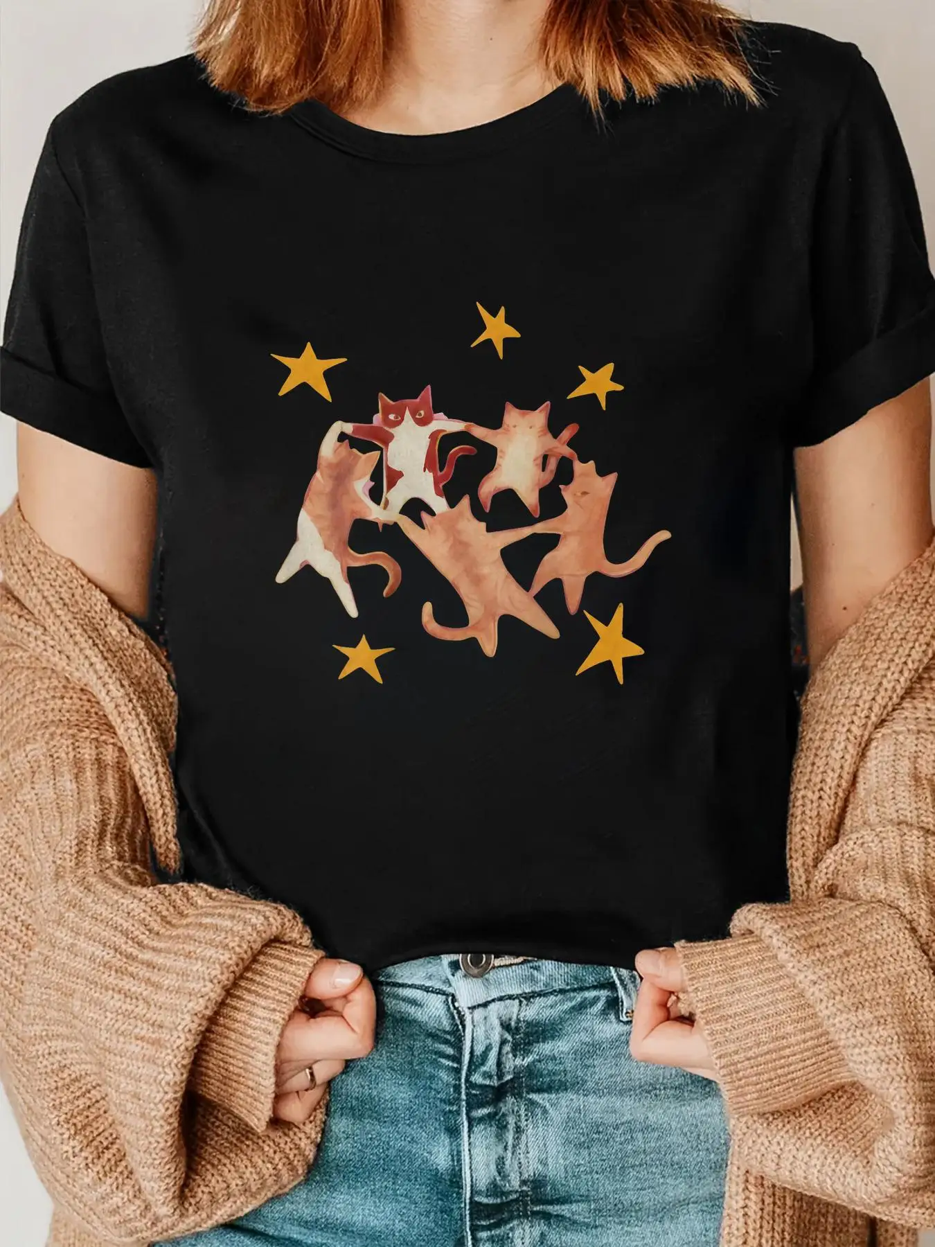 Starry Cats Dancing in A Circle Celestial Women's Basic T Shirt Crew Neck Short Sleeve Casual Fashion Tops