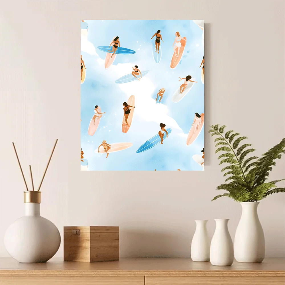 1PC-Canvas poster Unframed  Surfing Women Pattern Canvas Art Print Summer Vibes Beach Lifestyle Decor  summer