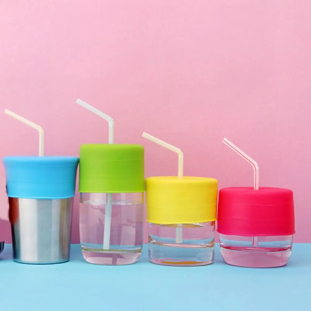 Wear-resistant With Straw Hole Silicone Sippy Cup Lid Spill-Proof Colorful Straw Cup Cover BPA Free Elastic Water Bottle