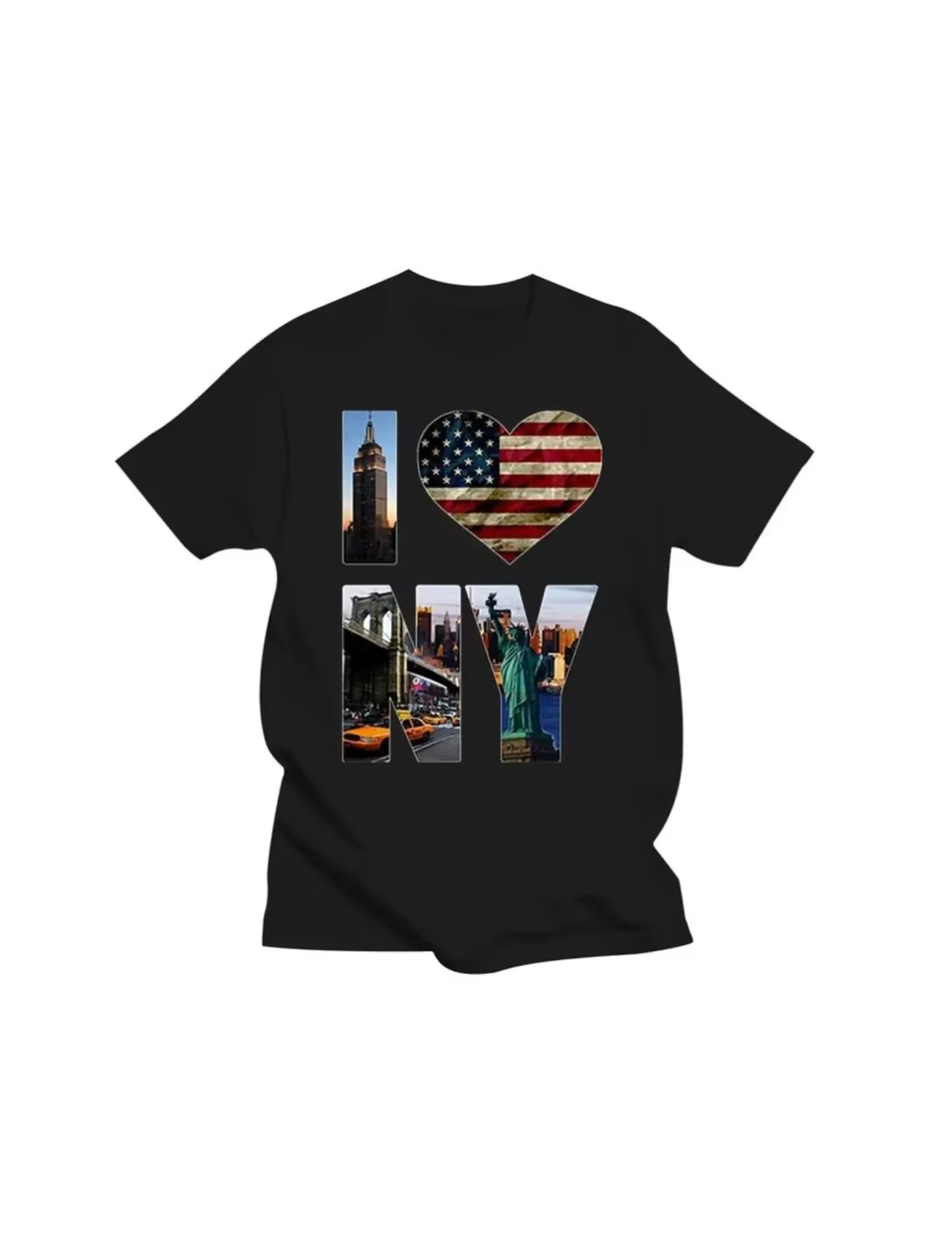 New I Love NY York Tourist Landmarks USA T-Shirt - Mens Sizes Black Breathable All Cotton Short Sleeve 77899