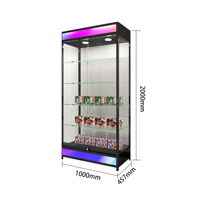 custom.New Design Smoke Glass Shelves Wall Cabinet Display Showcase with Flash Light