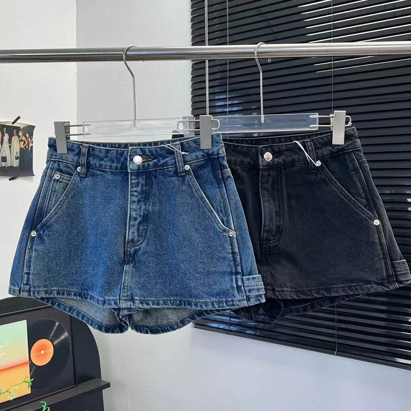 

Princess Greenn High Waist Wide Leg Blue Jeans Shorts Women's Skirt Pants Summer Season Vintage Style Standard Fit