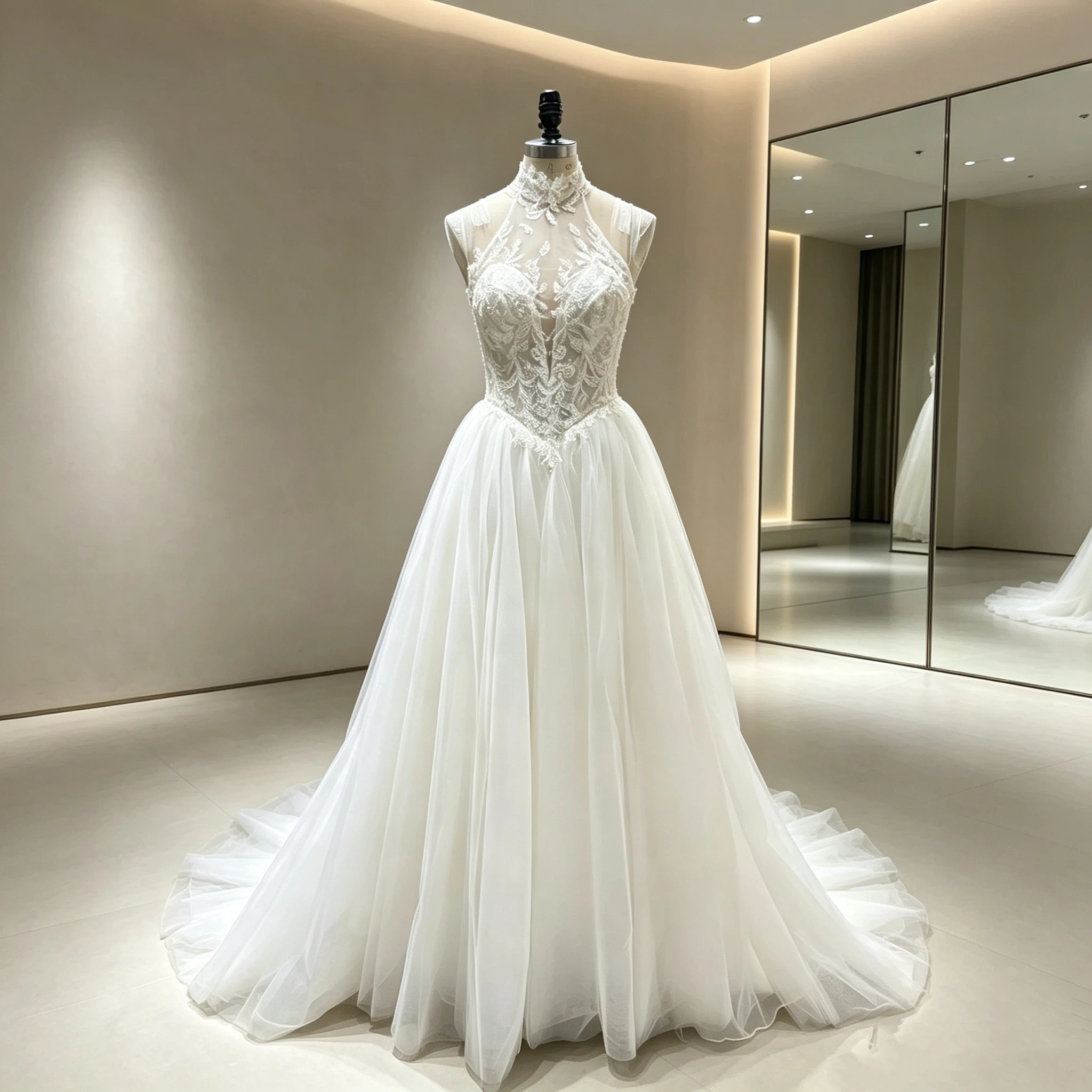 Lakshmigown Neckholder-Illusion-Hochzeitskleider 2027 Echte Fotos Perlen Spitze Applikation Tüll A-Linie Brautkleid Maßanfertigung – Detail 5