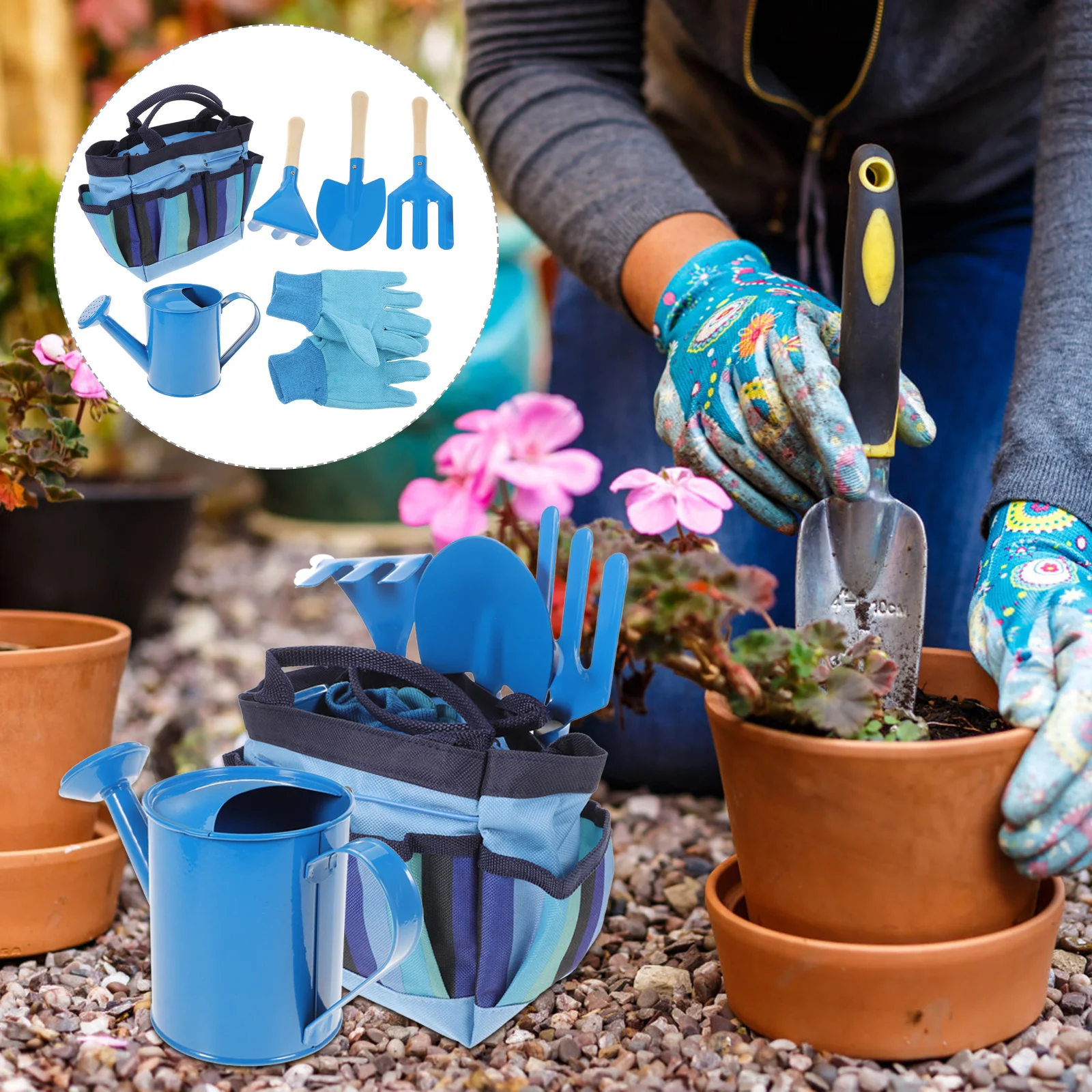 

Garden Tool Set For Wooden Handle Metal Head Gardening Kit With Watering Can Gloves Tote Bag Garden