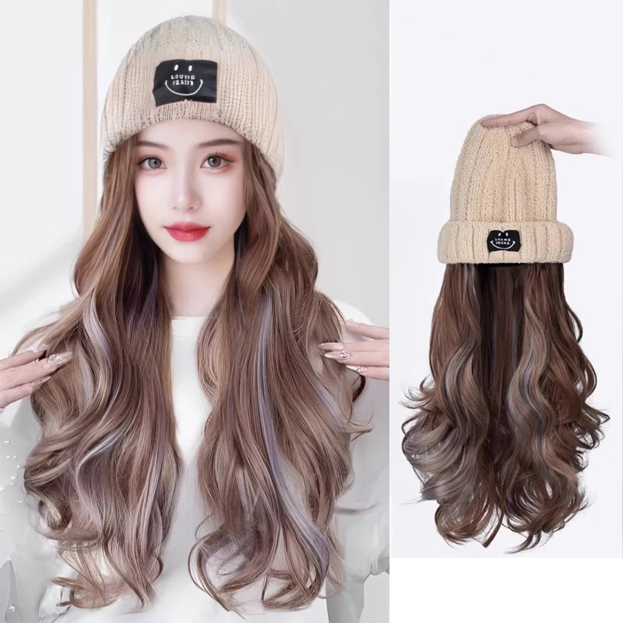 

Synthetic knitted Hat wig With Hair Wigs For Women Long Wavy Hair Warm Soft Ski Knitted Autumn Winter Cap Heat Resistant