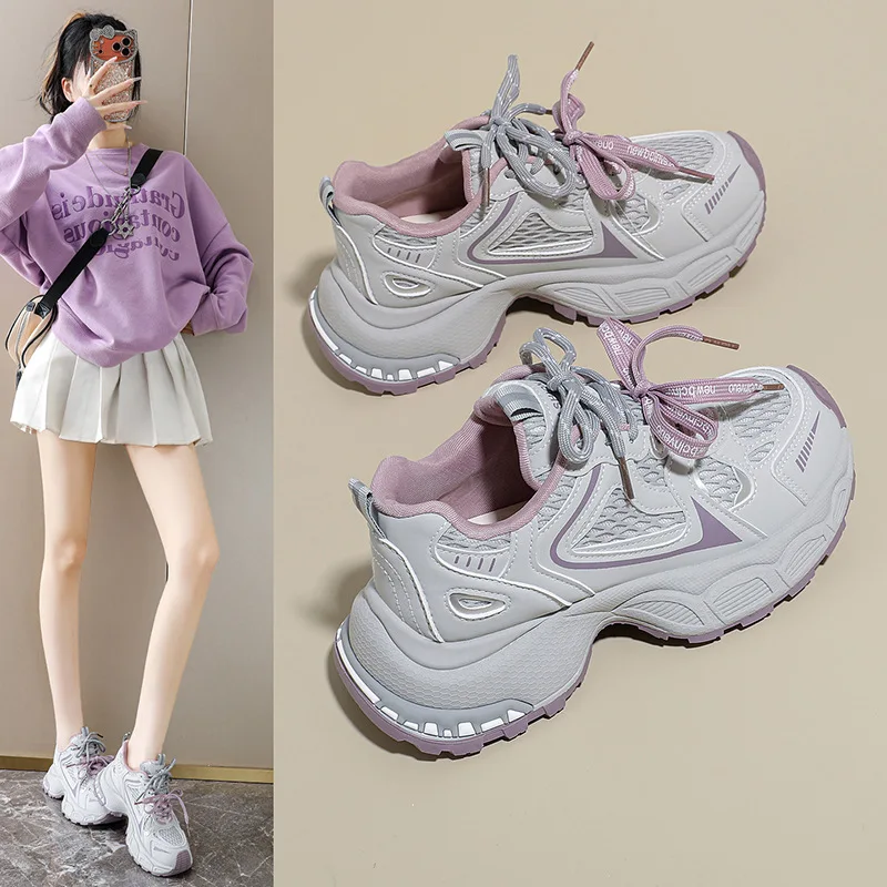 Women's Dad Shoes 2026 Summer Sports and Leisure Thick soled Raised Mesh Breathable Running Shoes