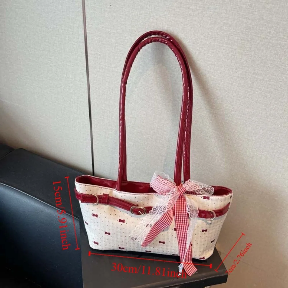 Tas Tote Prancis Manis Serbaguna dengan Pita Renda, Kapasitas Besar, Tas Tangan PU dengan Pita, Tahan Air, Warna Kontras, Tas Selempang untuk Sekolah