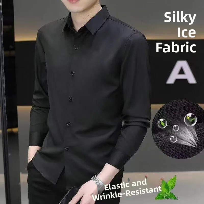 

Мужская рубашка с длинным рукавом из ледяного шелка, тонкая, повседневная, для работы, с защитой от УФ-излучения, весна-осень, не требует глажки, деловая, профессиональная, приталенная, для поездок на работу