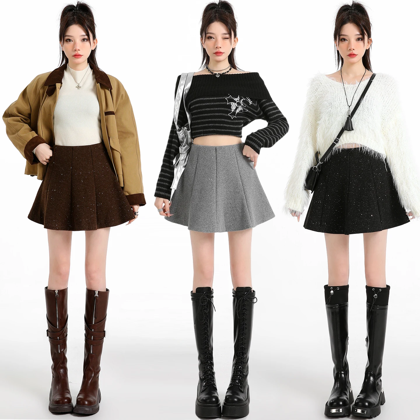 Y2K تنورة صوفية نسائية مطرزة ميدي عالية الخصر مطوي رقيق ألف خط تنورة قصيرة الخريف الشتاء