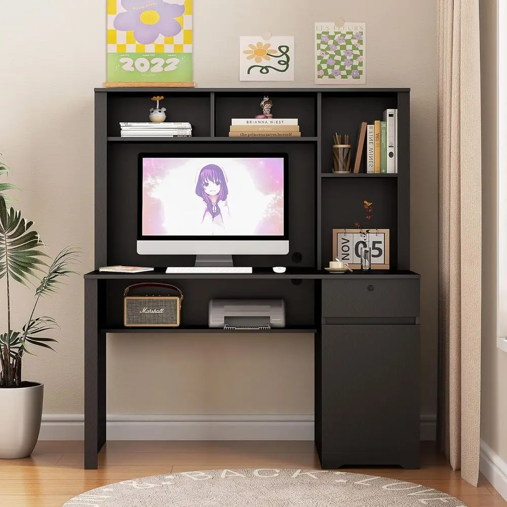 

Wooden Executive Desk with Hutch, Laptop Study Table, 3 AC Outlets, 2 USB Ports for Home Office (Black)