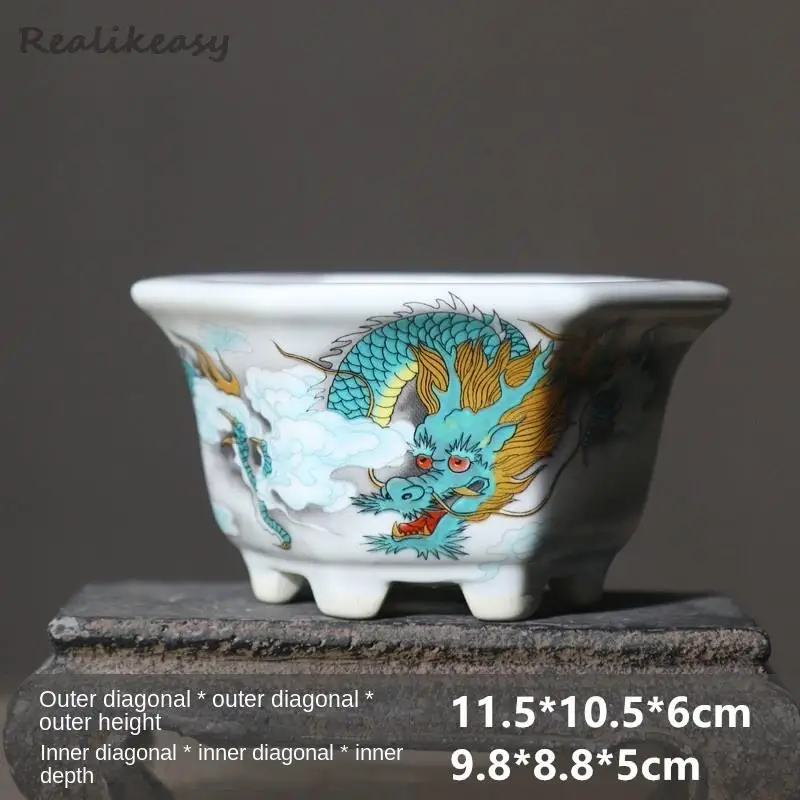 Yixing Purple Sand Flower Pot Chinese Ceramic Bonsai Pot Colored Painting Desktop Bonsai Pot Handmade Small Pot Home Deco LF274