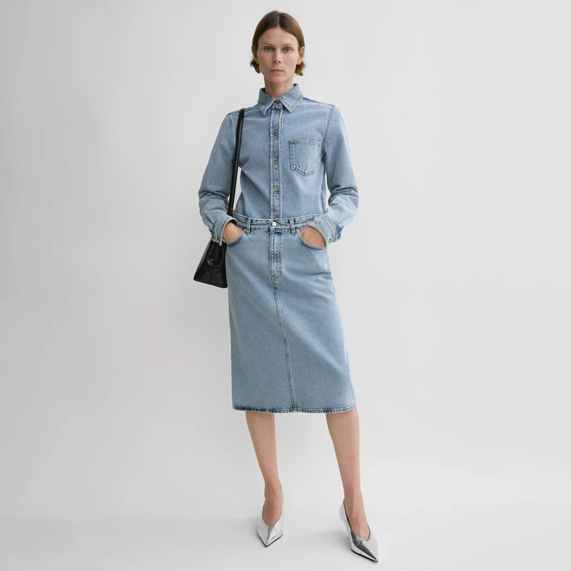 

Retro Waed Denim Long Sve irt High Waist Skirt Commute Sle Straight Cut Cotton Blend Button down Fem Faion