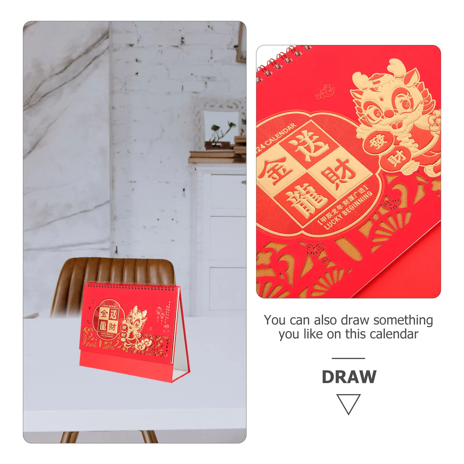 

BUTIFULSIC 2024 Desktop Calendar Monthly Standing Desk Calendar Home Office Decor Chinese New Year Table Decor Paper