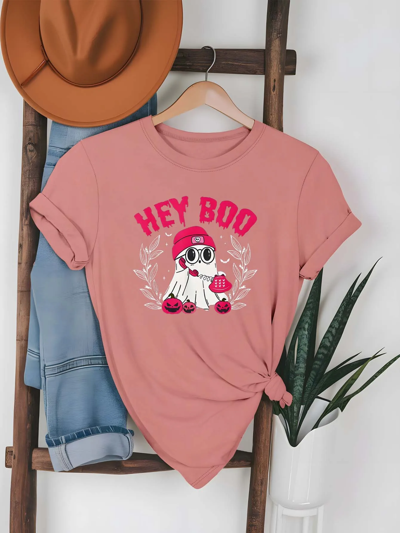 Plus Size Cute Ghost Graphic Apparel Featuring Hey Boo Slogan And Festive Elements