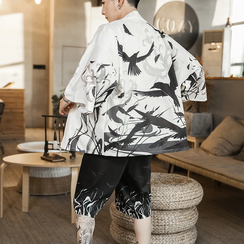 Men Japanese Tracksuit Men Summer Fashion Two Piece Set Kimono Shirt +Shorts Casual Loose Streetwear Male Clothes Men 2Piece Set