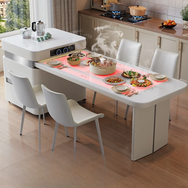 

Smart island dining table integrated rock slab retractable mobile home kitchen