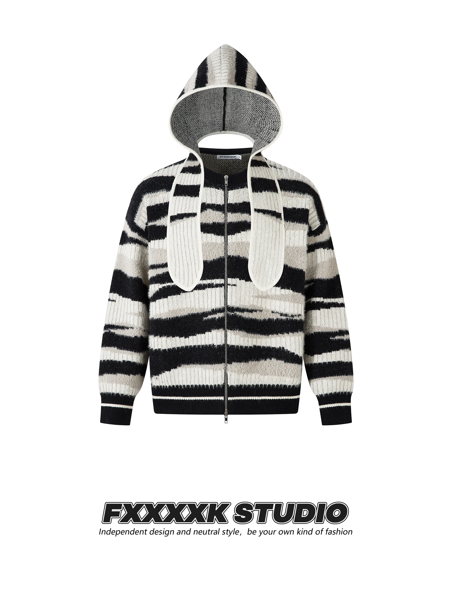 

Оригинальный американский ретро-бренд FXK, съемная большая шапочка с узором зебры, свободный открытый кардиган, вязаный свитер, верхняя одежда