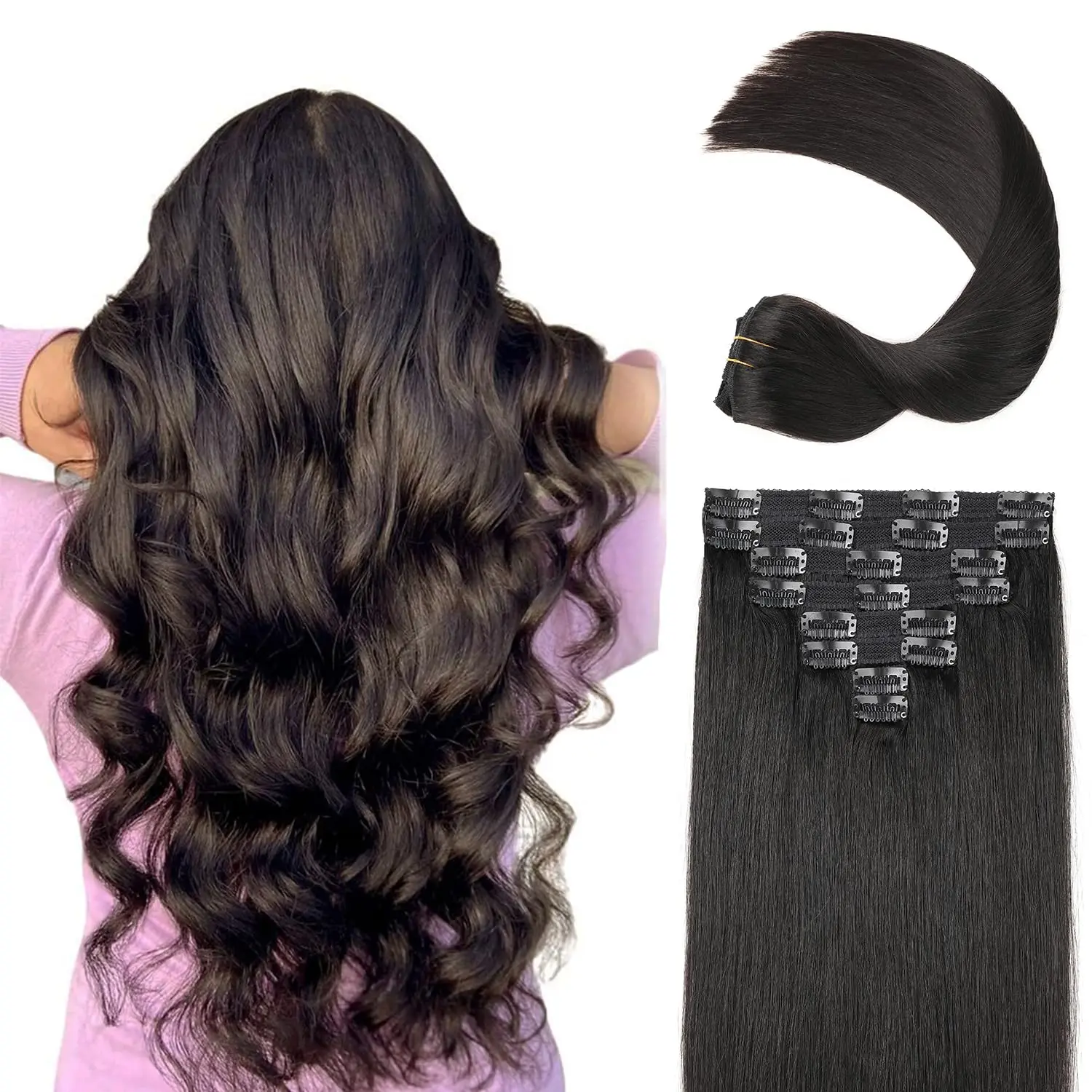 

Straight Clip in Hair Extensions #1B Natural Black Color Clip In Hair Extensions 26Inch Human Hair Clip in Hair Extensions