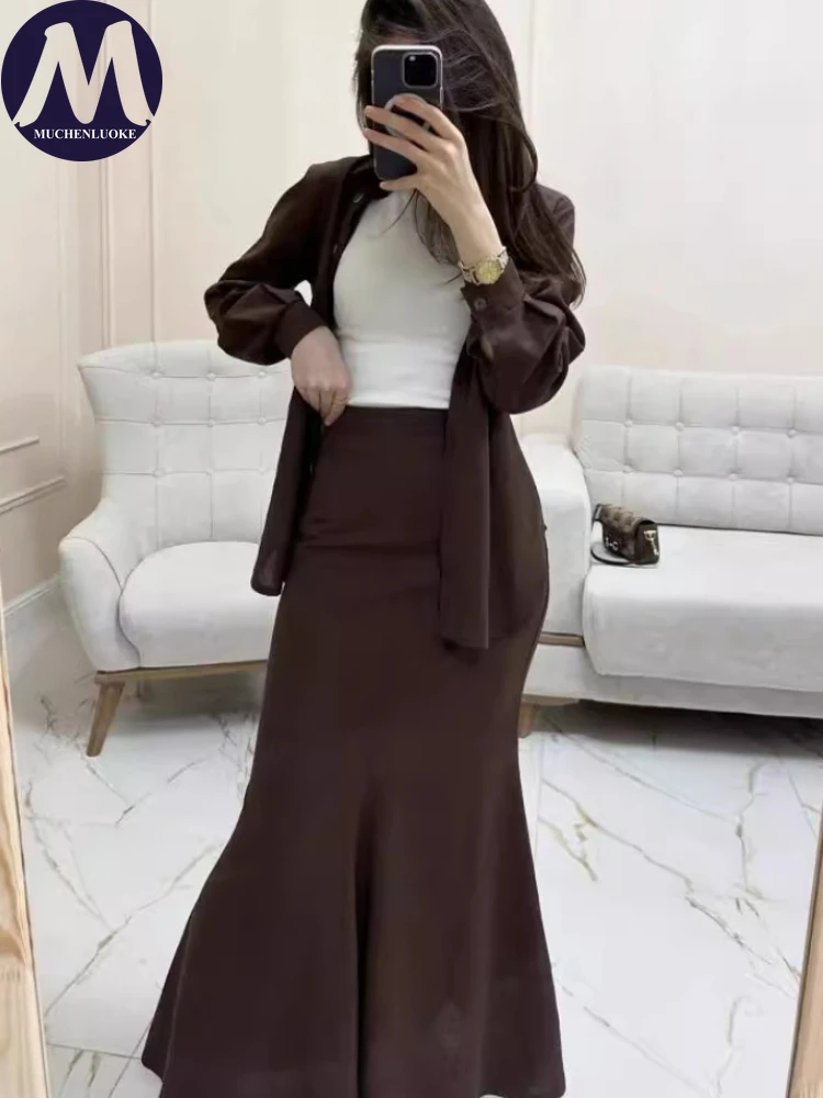 Women\'s Long Sleeve Lapel Collar Shirt Suits, Fashionable Slim Fit Office Long Skirt Set, Casual, Spring, Summer, New, 2 Pcs