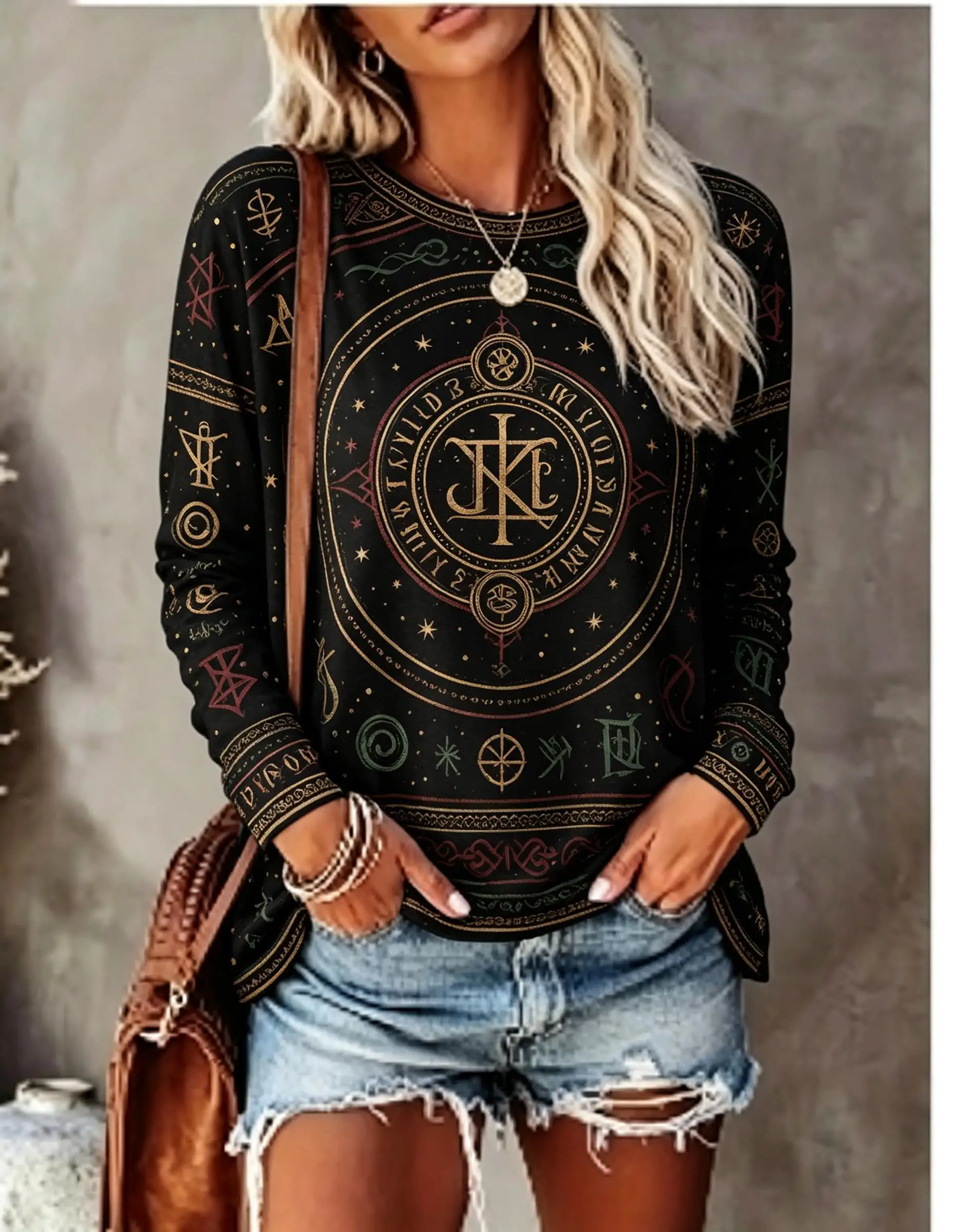 Women Crew Neck Long Sleeve T‑Shirt Mystical Occult Symbol Astrology Vintage Ornate Circle Full‑print Casual Loose Pullover Tops