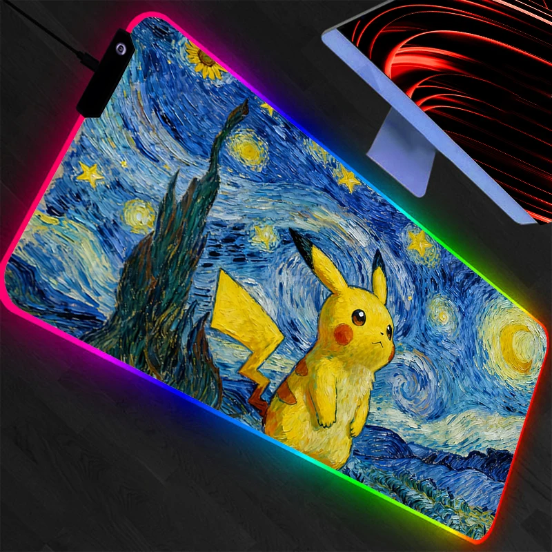 LED Pokemon Pikachu Mouse Pad Backlight Gamer Gaming Accessories Speed Keyboard Rubber Lock Edge RGB Desk Mat Laptop