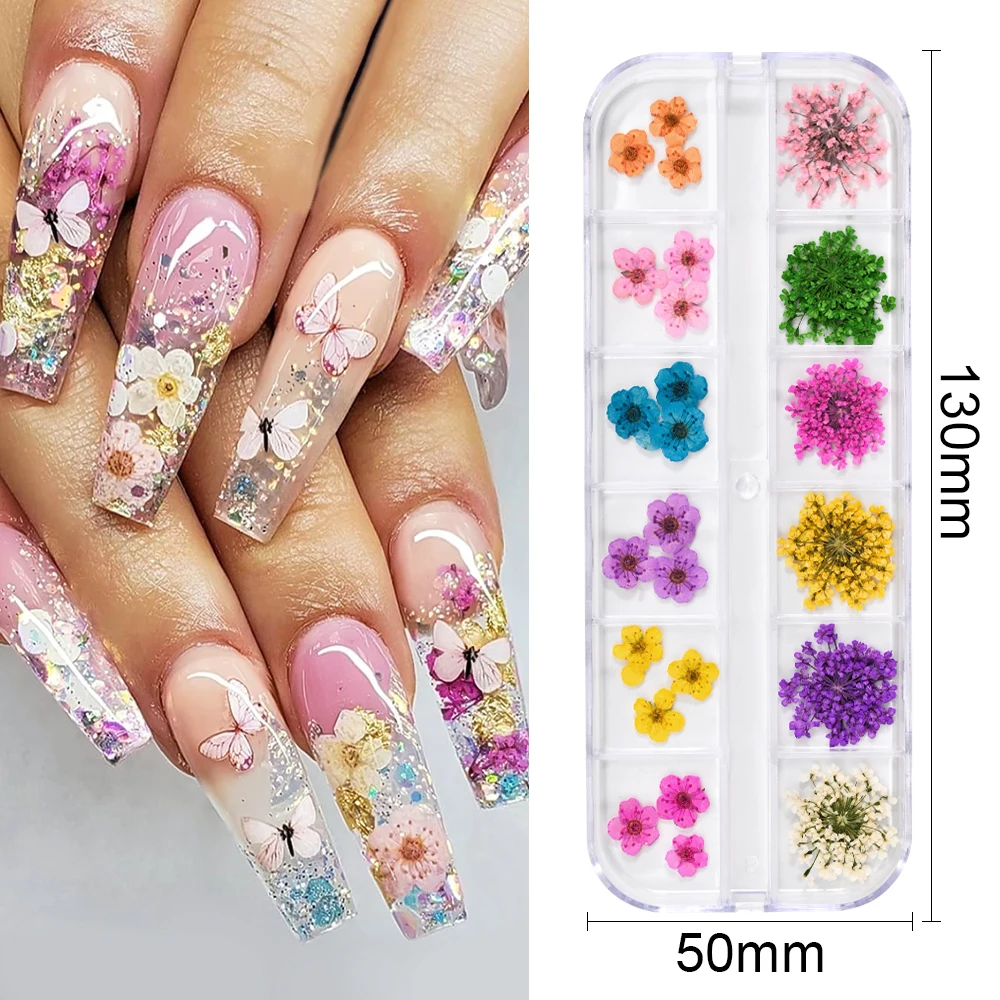 12 Grids/box 3D Nail Mini Dried Flowers Sticker Set For Nail Art Resin Craft DIY Real Natural Dry Flower Nail Art Decoration Kit