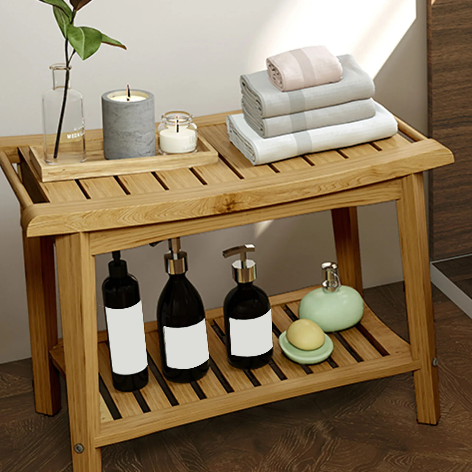 Banco de ducha de madera, taburete de ducha ergonómico a prueba de agua con estante de almacenamiento para baño, Spa, accesorios de herramientas de ducha interior y exterior