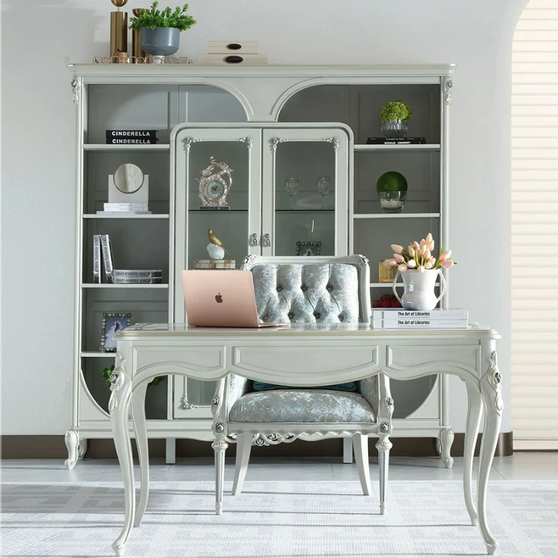 YJQ French light luxury solid wood desk and chair European retro engraved office bookcase