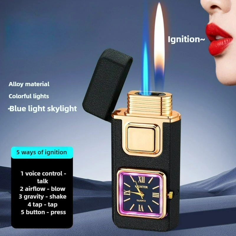 True Watch Voice Controlled Ignition Dual Fire Butane Gas Lighter Visual Gas Window Open Flame Charge Jet Flame Electric Lighter view 2
