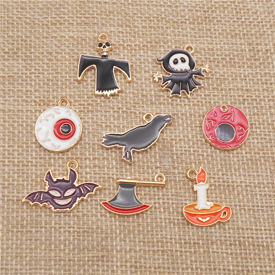 8PCS Enamel Halloween Charms Mix Metal Alloy Death Demon Raven Eye Ax Candle Pendant For Bracelet Findings Jewelry Accessory