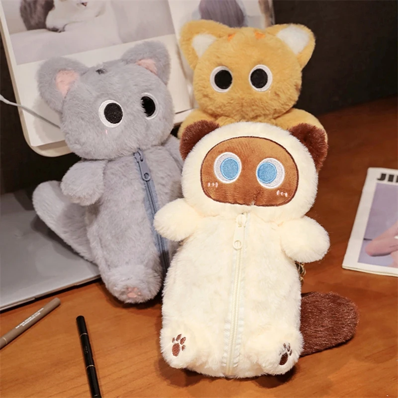 Siamese Cat Plush Pencil Case Stuffed Animal Pen Storage Bag Stationery Bag Large Capacity Cartoon Doll Cat Pencil Bag Student