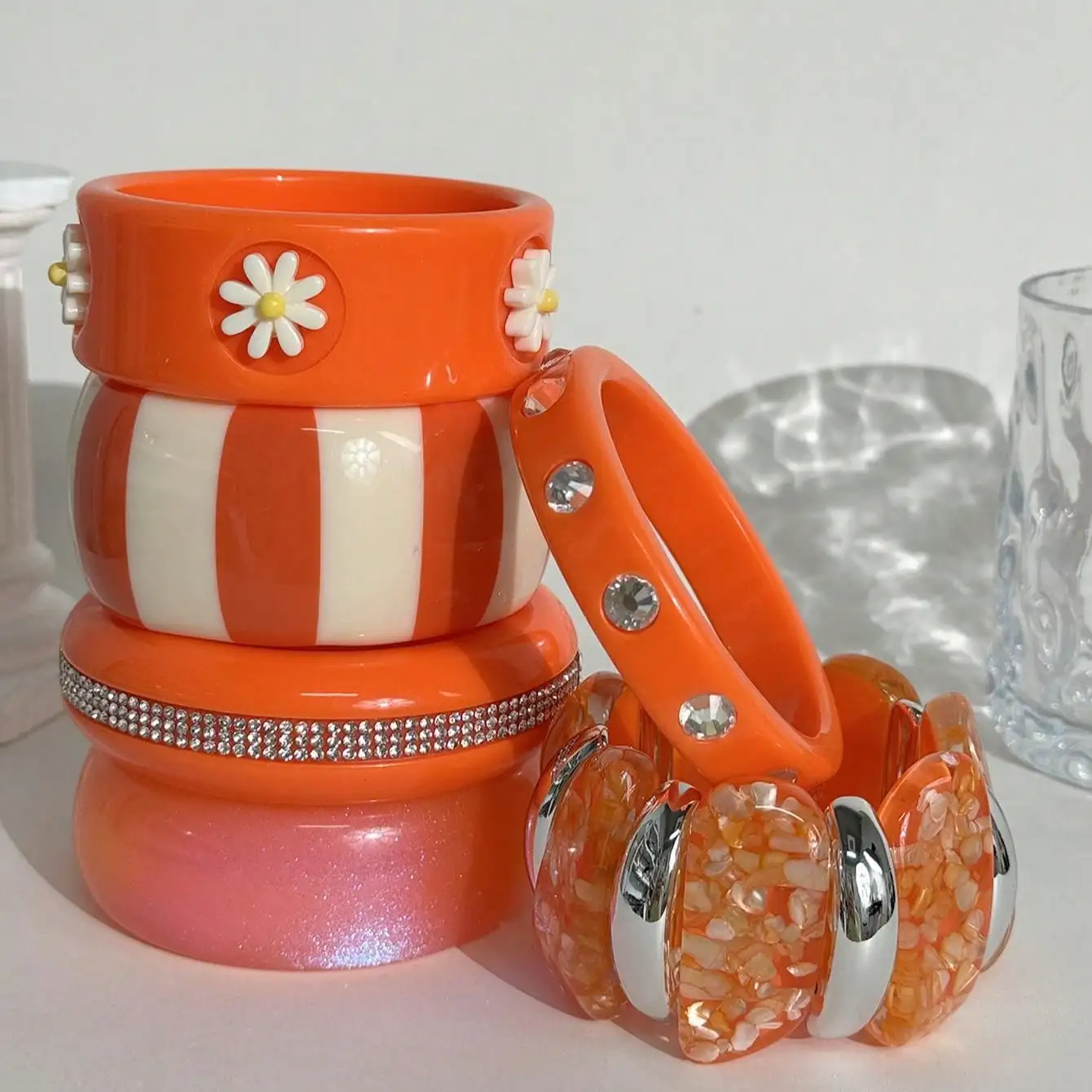 Casual  Vibrant Orange Floral Wide Resin Geometric Bracelet Sequined Diamond Accented Textured Women's Jewelry Vacation