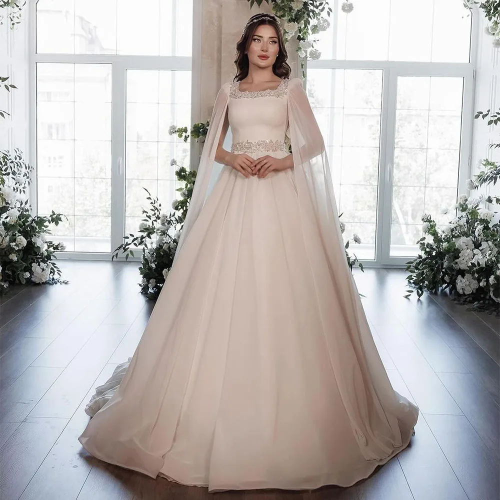 Chiffon Wedding Dresses Long Cape Sleeve Square Neck A-line for Bridal Women Sweep Train Bride Gown vestidos de novia Customized