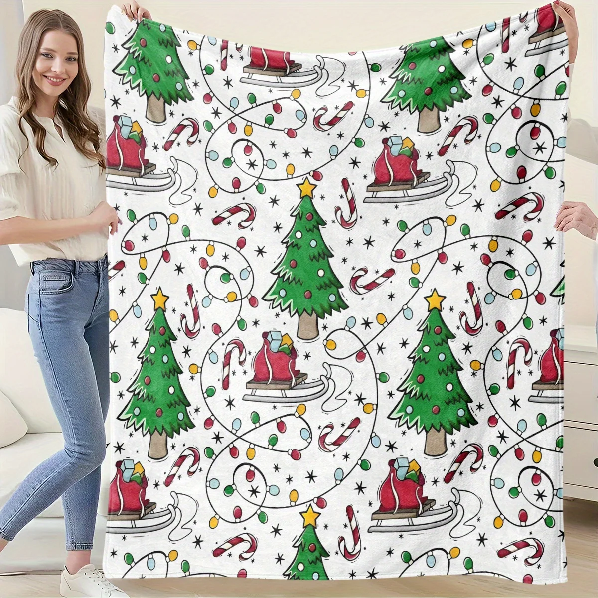 1pc Bohemian Style Christmas Flannel Throw Blanket - Soft Skin-Friendly Lounge Sofa Shawl with Digital Print, All-Season Multipu