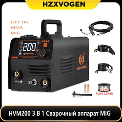 HZXVOGEN 3 in 1 반자동 용접기, MIG/TIG/MMA 인버터 용접기, 시너지 도구, 비 가스 용접 장비, HVM200