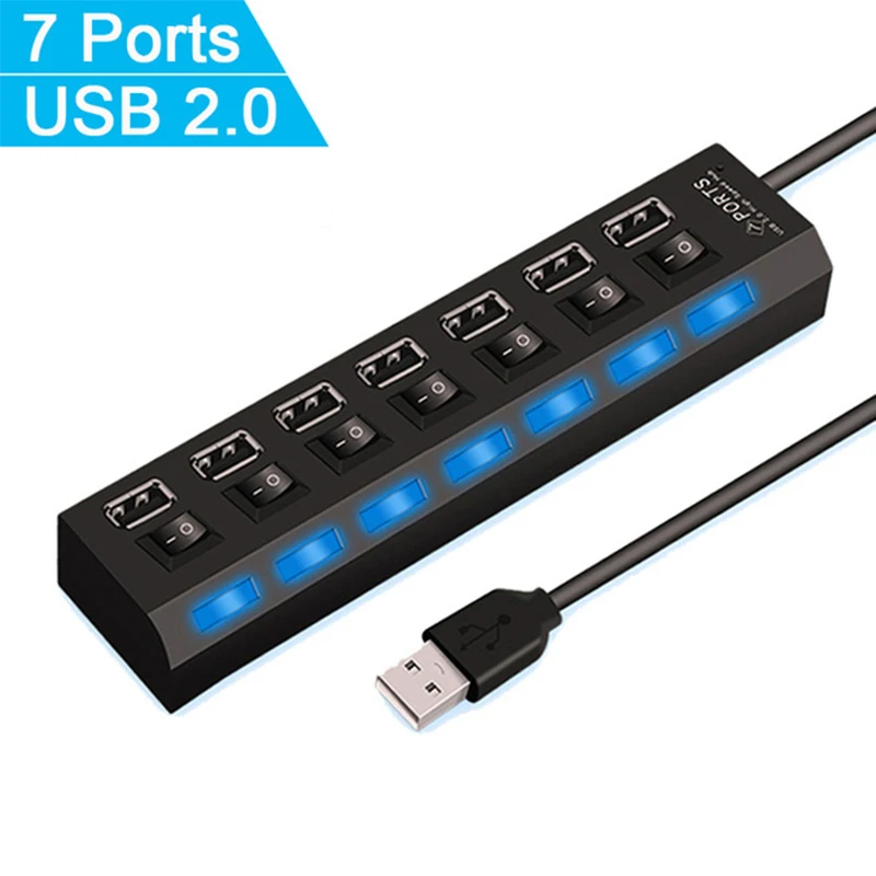 USB 2.0 Hub USB Hub 2.0 Multi USB Splitter Hub Use Power Adapter 4/7 Port Multiple Expander USB Hub with Switch for PC Laptops