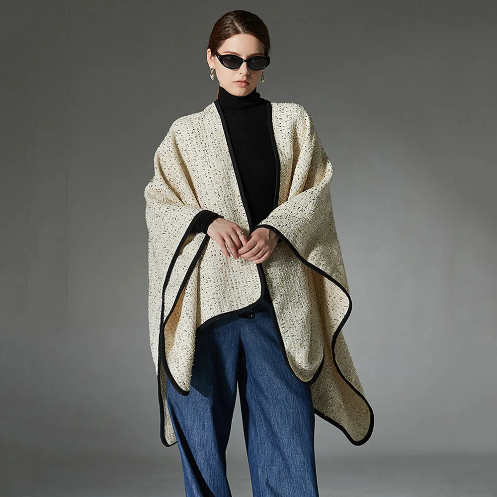 

French Elegant Noble Spun Gold Wool Cape Coat Mid Long Poncho Women Autumn Winter Cloak Outerwear Party Dress Wraps