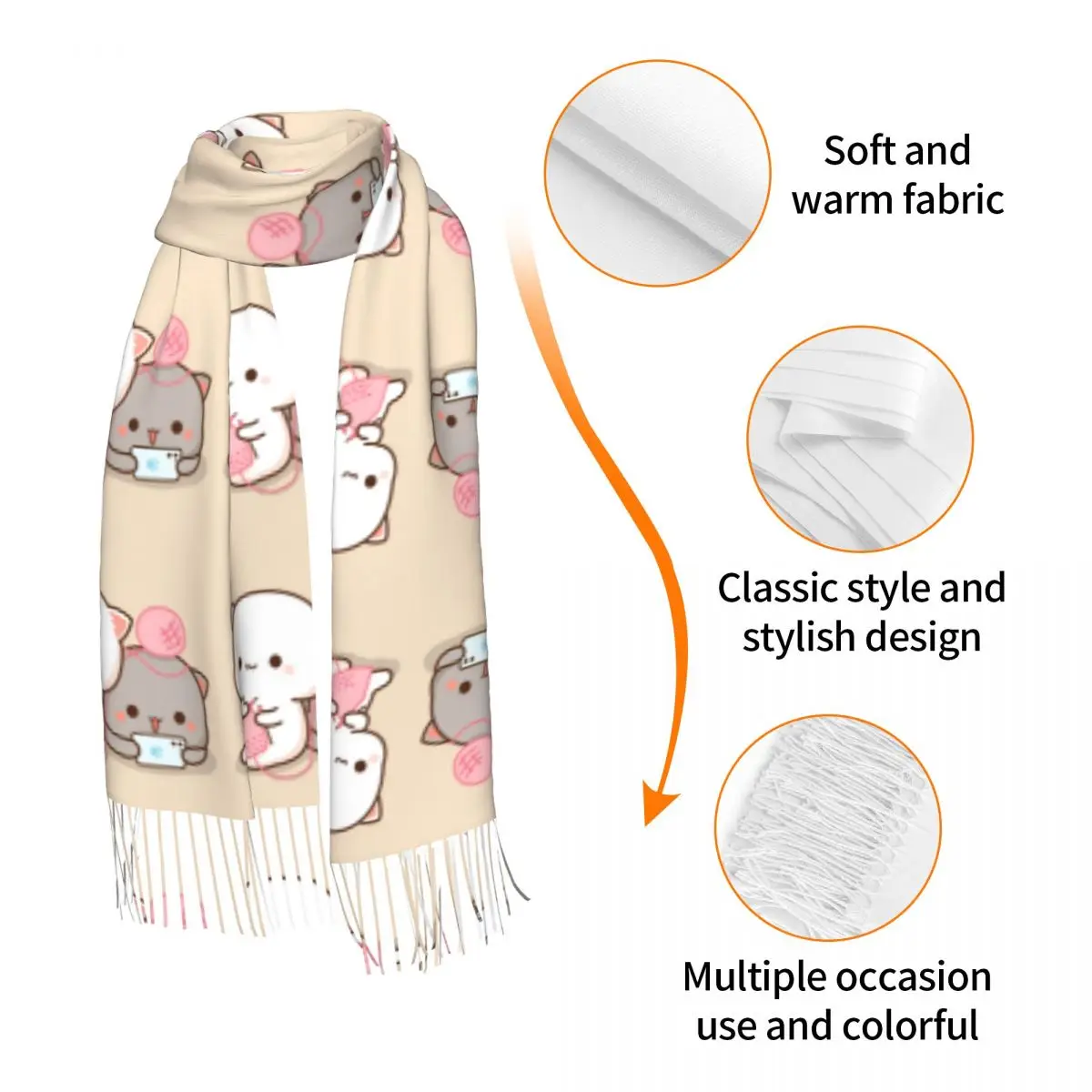 Custom Print Cartoon Couple Peach And Goma Mochi Cat Scarf Women Men Winter Fall Warm Scarves Fashion Versatile Shawls Wraps