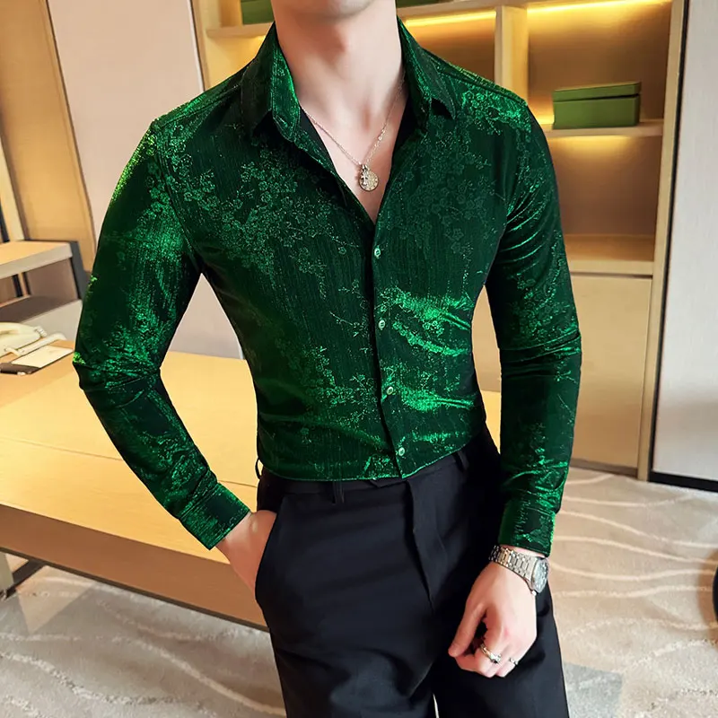 Luxury Retro Velvet Men\'s Shirt Autumn Long Sleeve Slim Fit Casual Shirts Fashion Jacquard Business Social Men\'s Clothing