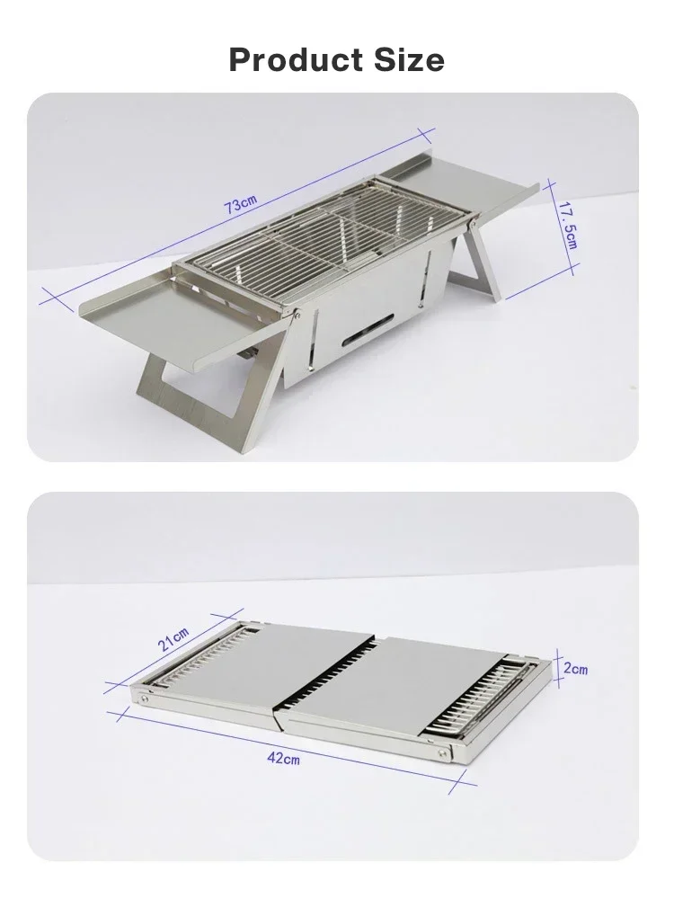 Tragbarer BBQ-Grill aus Edelstahl für den Außenbereich, zusammenklappbarer Holzkohleofen, kompakter Camping-Picknick-Grill, Spießständer, Reisegrill-Set – Detail 8