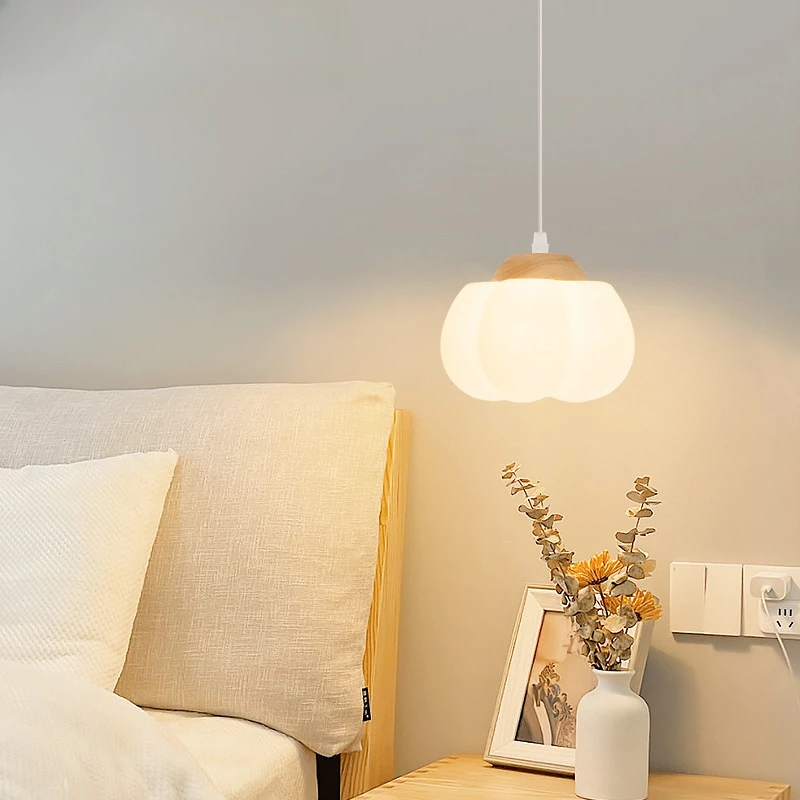 

Minimalist Nordic Pendant Lights Wooden Bedroom Ceiling Lamp Bedside Lamp Creative Cotton Hanging Lamp