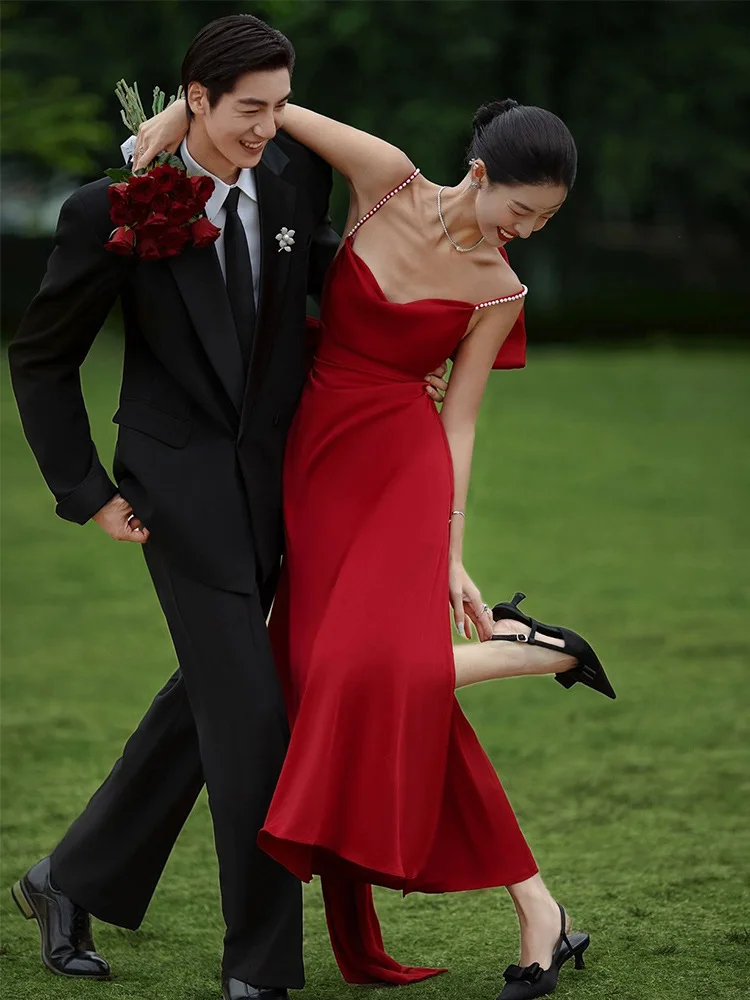 

Bride Spaghetti Straps Wedding Dresses Formal Burgundy Bow Prom Party Gown Vestido