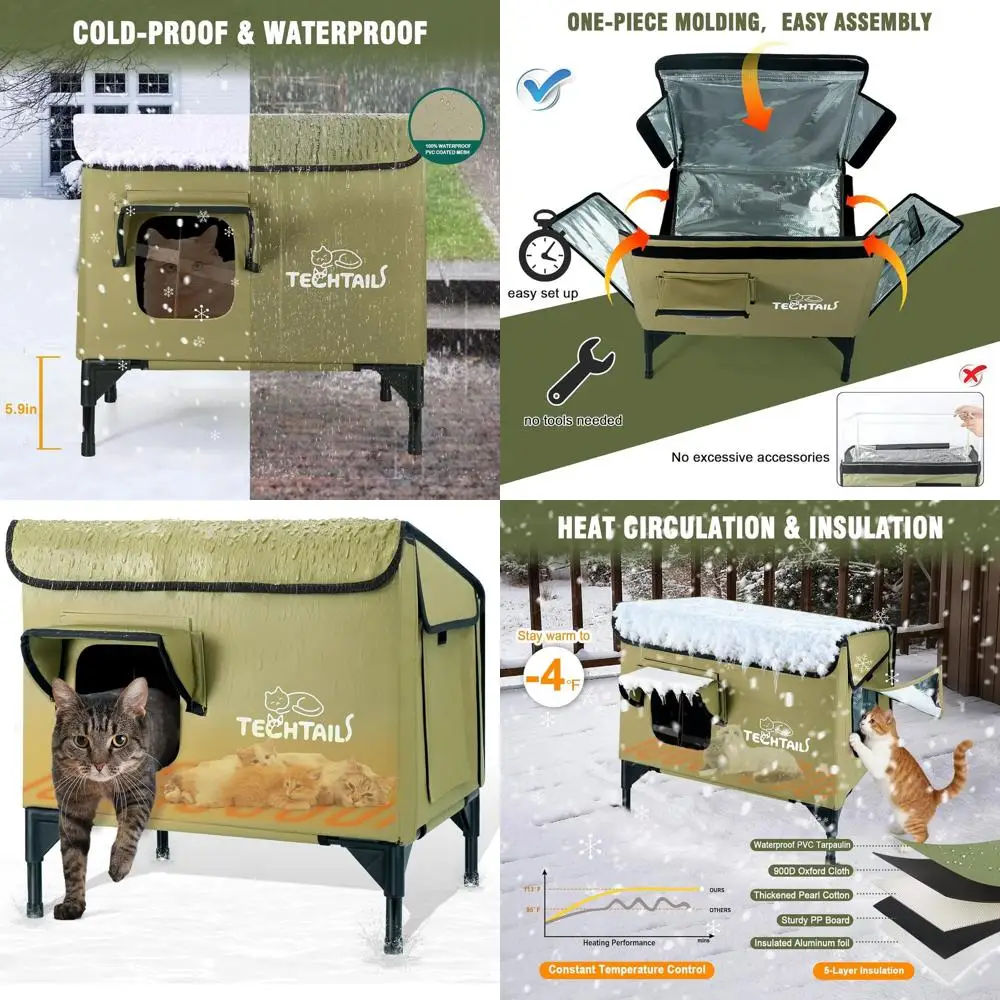 

Изолированное укрытие для кошек на открытом воздухе с наклонной крышей, грелкой и дверью для побега для ферлов и бродячих кошек (зеленый)